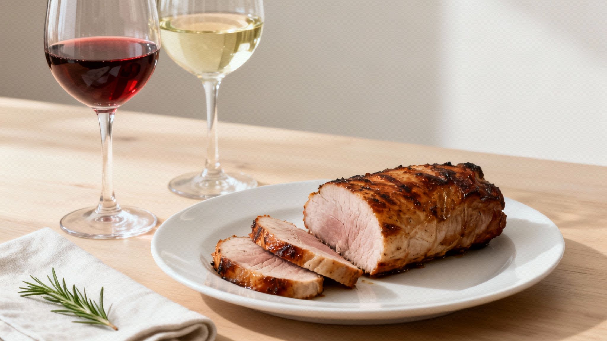 A cooked and sliced pork loin on a white plate, served with glasses of red and white wine, garnished with rosemary.