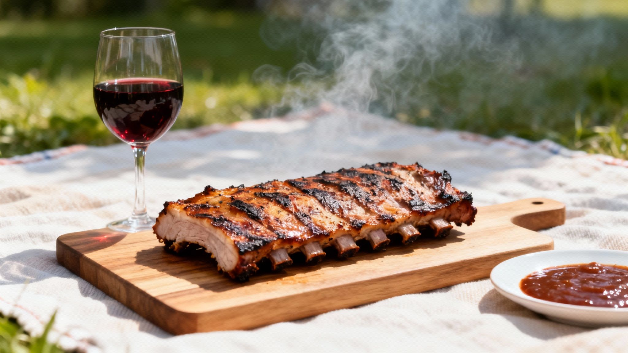A full rack of smoky grilled ribs, a glass of red wine, and BBQ sauce on a picnic blanket outdoors.