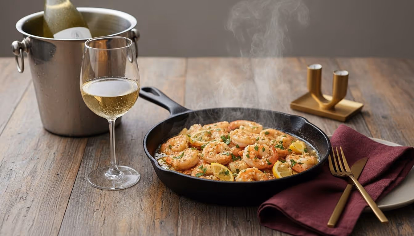 Hot skillet of glossy shrimp scampi with garlic, lemon, and parsley on a rustic table beside chilled white wine in an ice bucket.