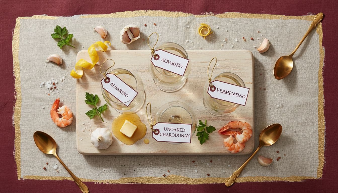 Flat-lay editorial image of white wine pairings for shrimp scampi (Albari&ntilde;o, Vermentino, and unoaked Chardonnay) with fresh lemon zest, garlic, butter, parsley, sea salt, and pink shrimp tails in a burgundy and gold palette.