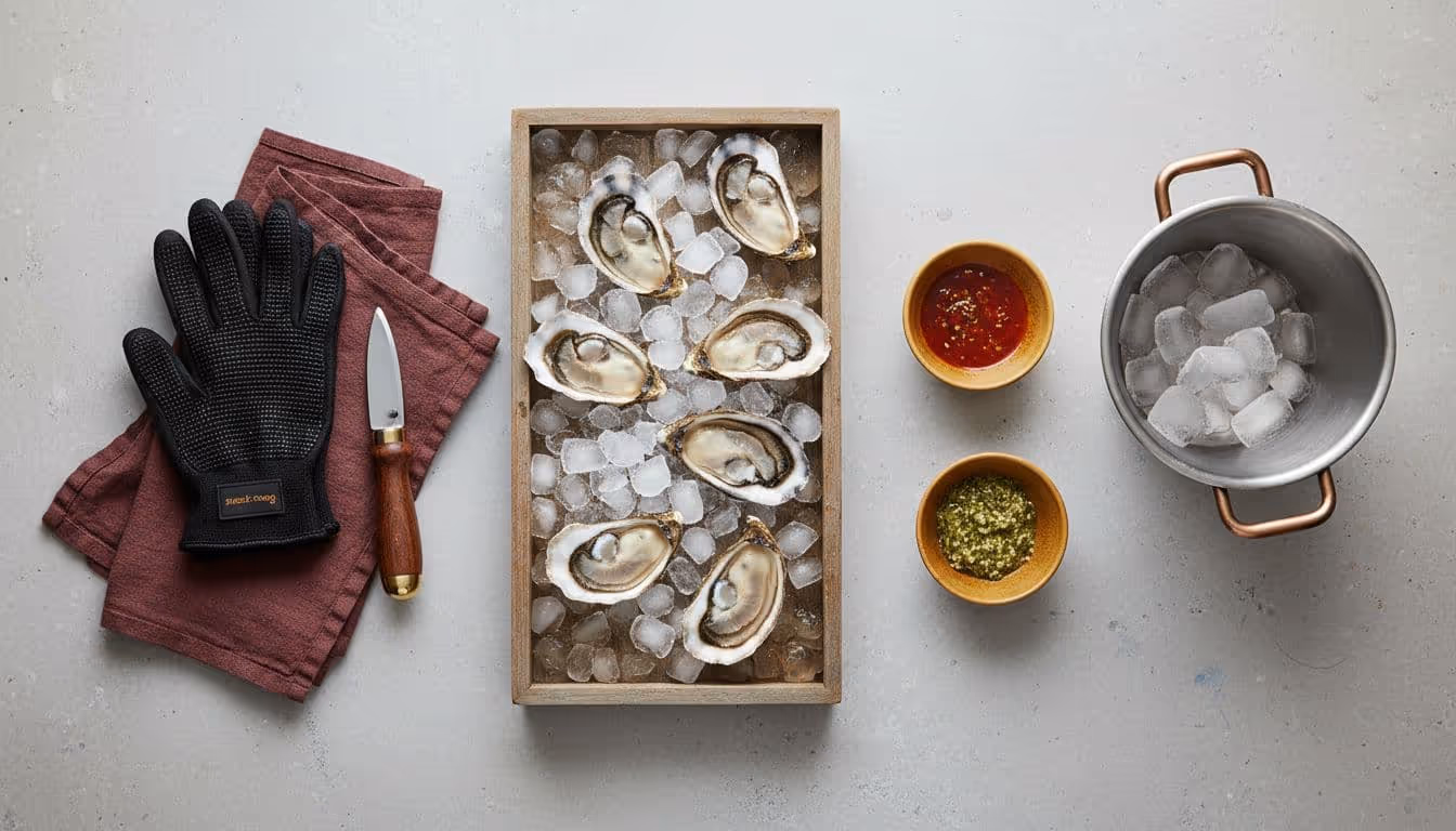 Photo-realistic flat-lay in modern editorial food photography style showing tools for shucking and serving oysters at home: oyster shucking knife, cut-resistant glove, thick burgundy towel, crushed ice, serving tray, small gold-accented bowls for sauces, and ice bucket, neatly arranged on a neutral surface.