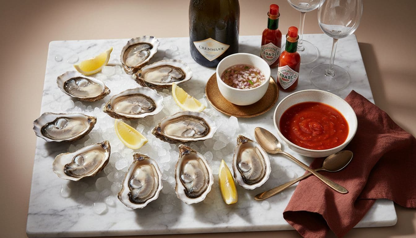 Overhead 45-degree shot of a luxurious home raw bar on marble slab with freshly shucked oysters on crushed ice, lemon wedges, mignonette, cocktail sauce, hot sauce, and chilled Champagne.