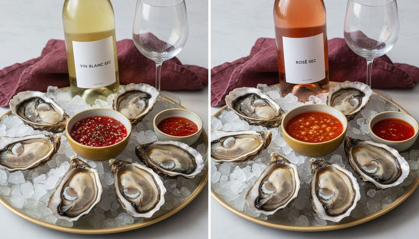 Photo-realistic diptych of briny oysters on ice: left with mignonette and chilled Muscadet wine, right with cocktail sauce and dry Riesling, in crisp editorial food style.