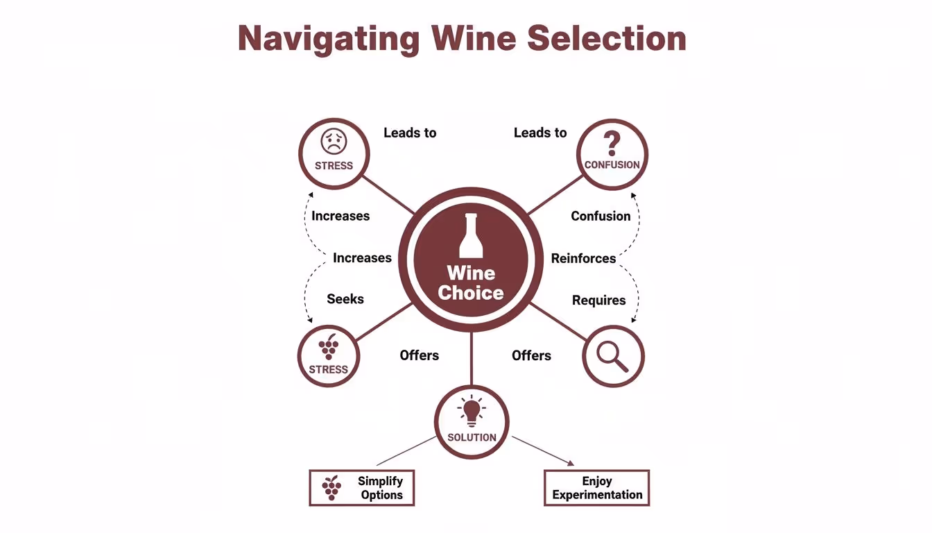 Diagram showing wine choice challenges like stress and confusion, and solutions to simplify options.