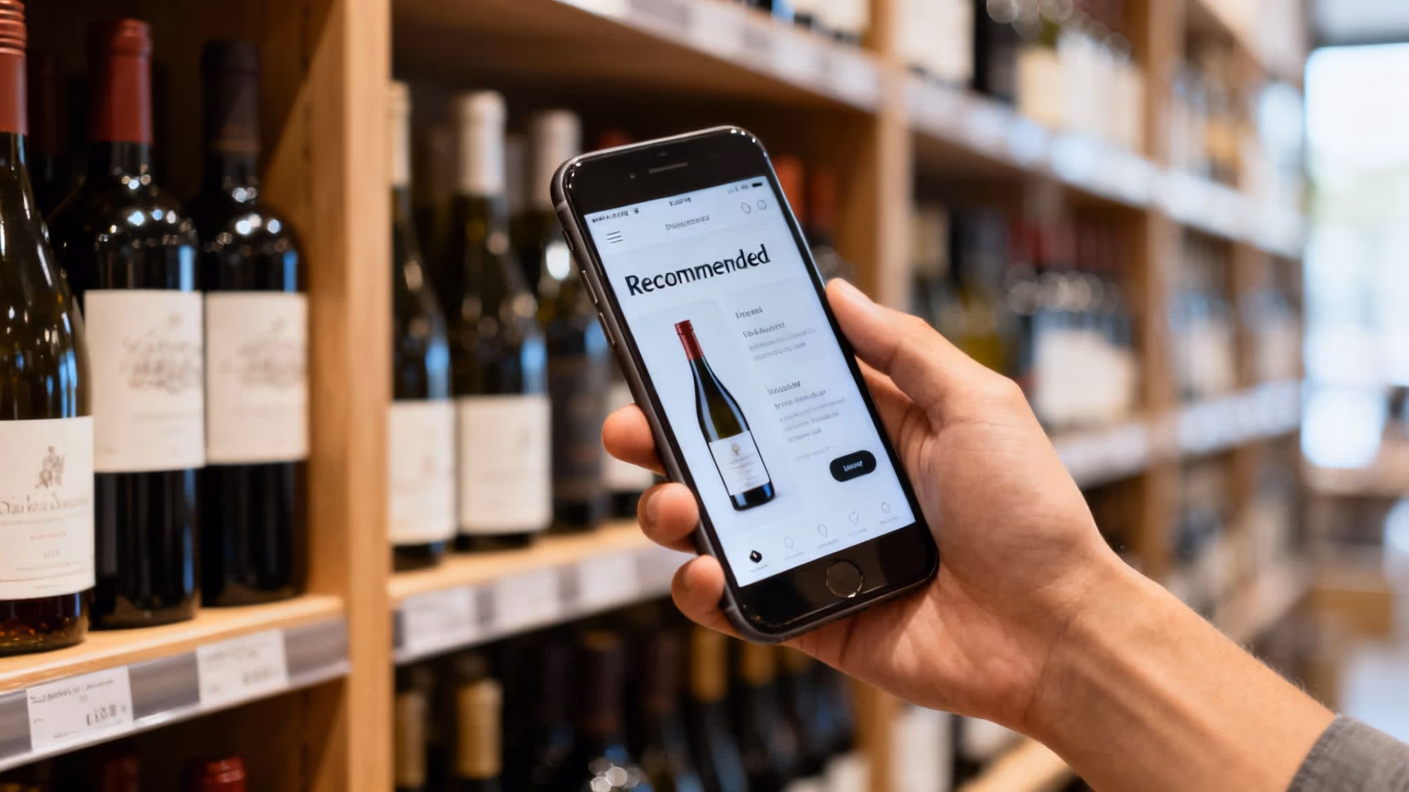 A hand holds a smartphone displaying a wine recommendation app in a wine store aisle.