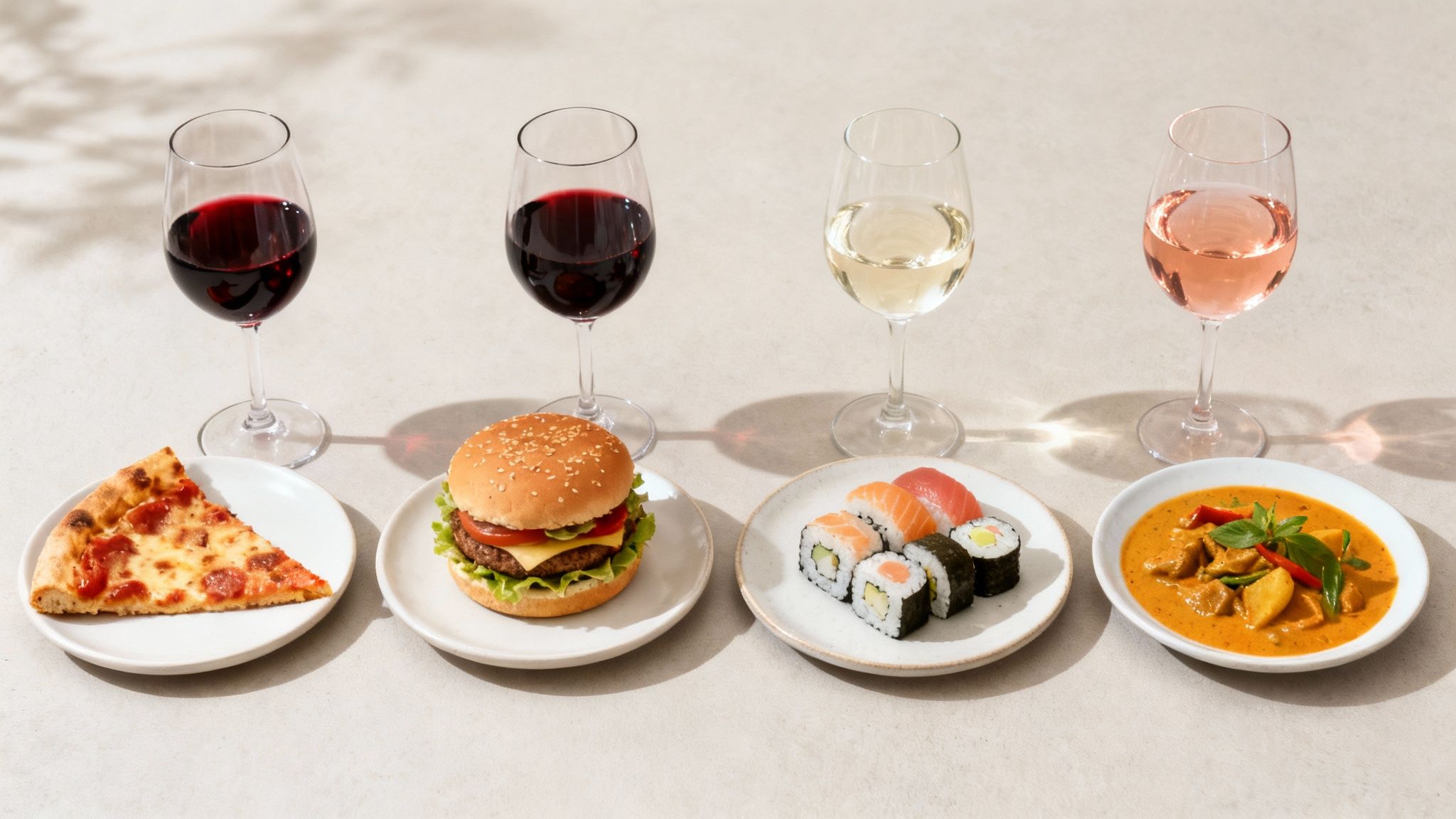 Four diverse food dishes (pizza, burger, sushi, curry) each paired with a glass of wine.