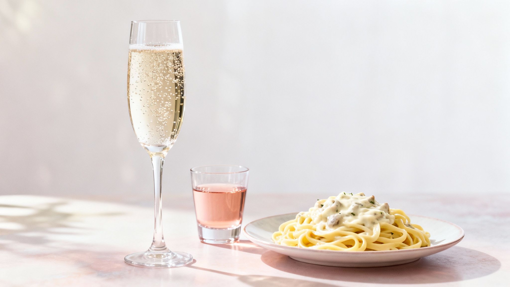 A plate of creamy mushroom pasta, a shot glass with pink drink, and a flute of sparkling wine on a table.