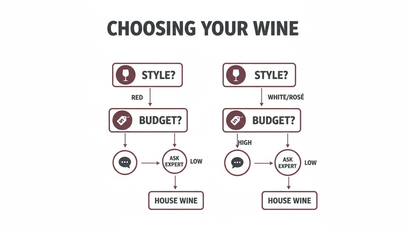 A flowchart titled 'Choosing Your Wine' guides selection based on red or white/rosé style and budget.