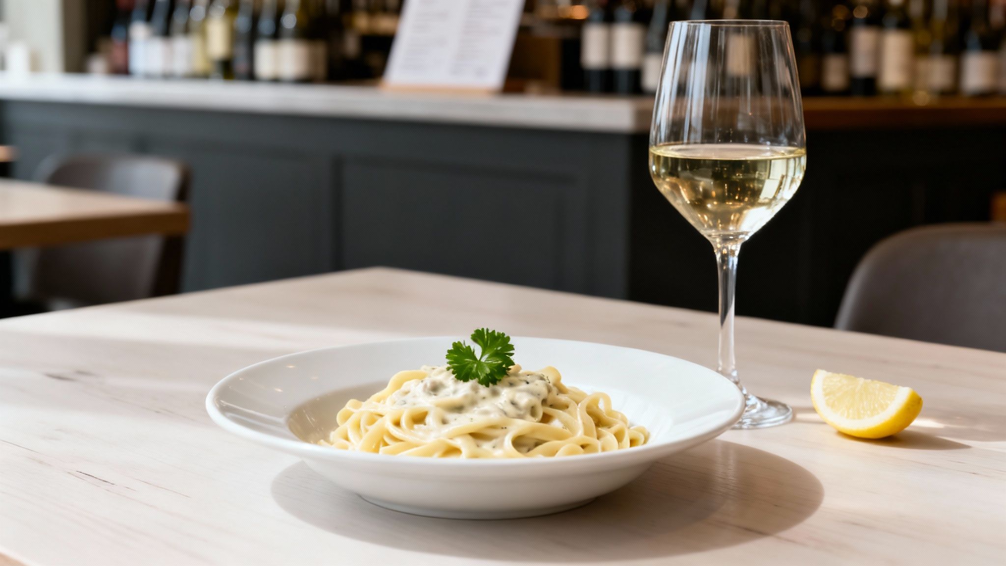 A plate of creamy pasta with parsley, a glass of white wine, and a lemon wedge on a table in a restaurant.