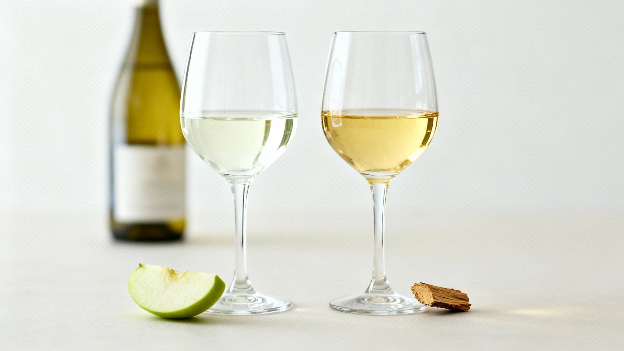 Two wine glasses, one with light white wine, one with golden, with apple and wood.