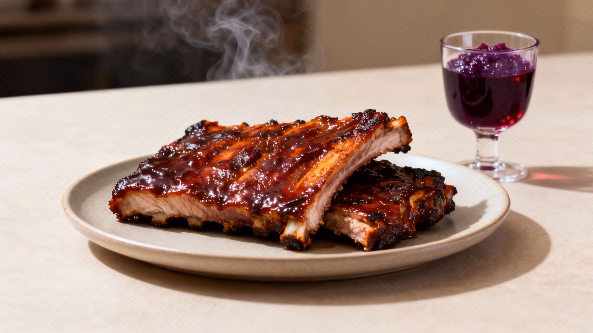 Steaming hot BBQ ribs with a glossy sauce on a plate, served with a glass of red wine.
