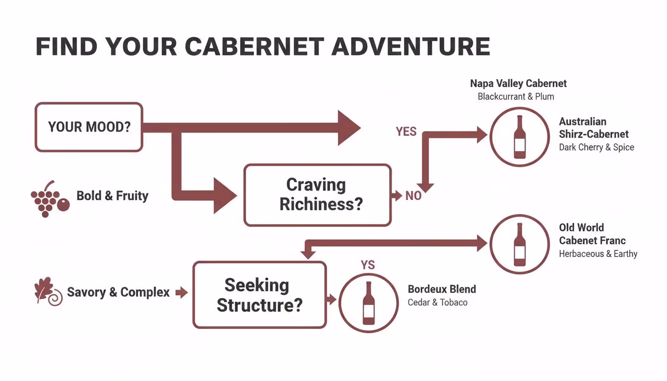 A wine selection flowchart guiding users to choose a Cabernet type based on mood and taste preferences.