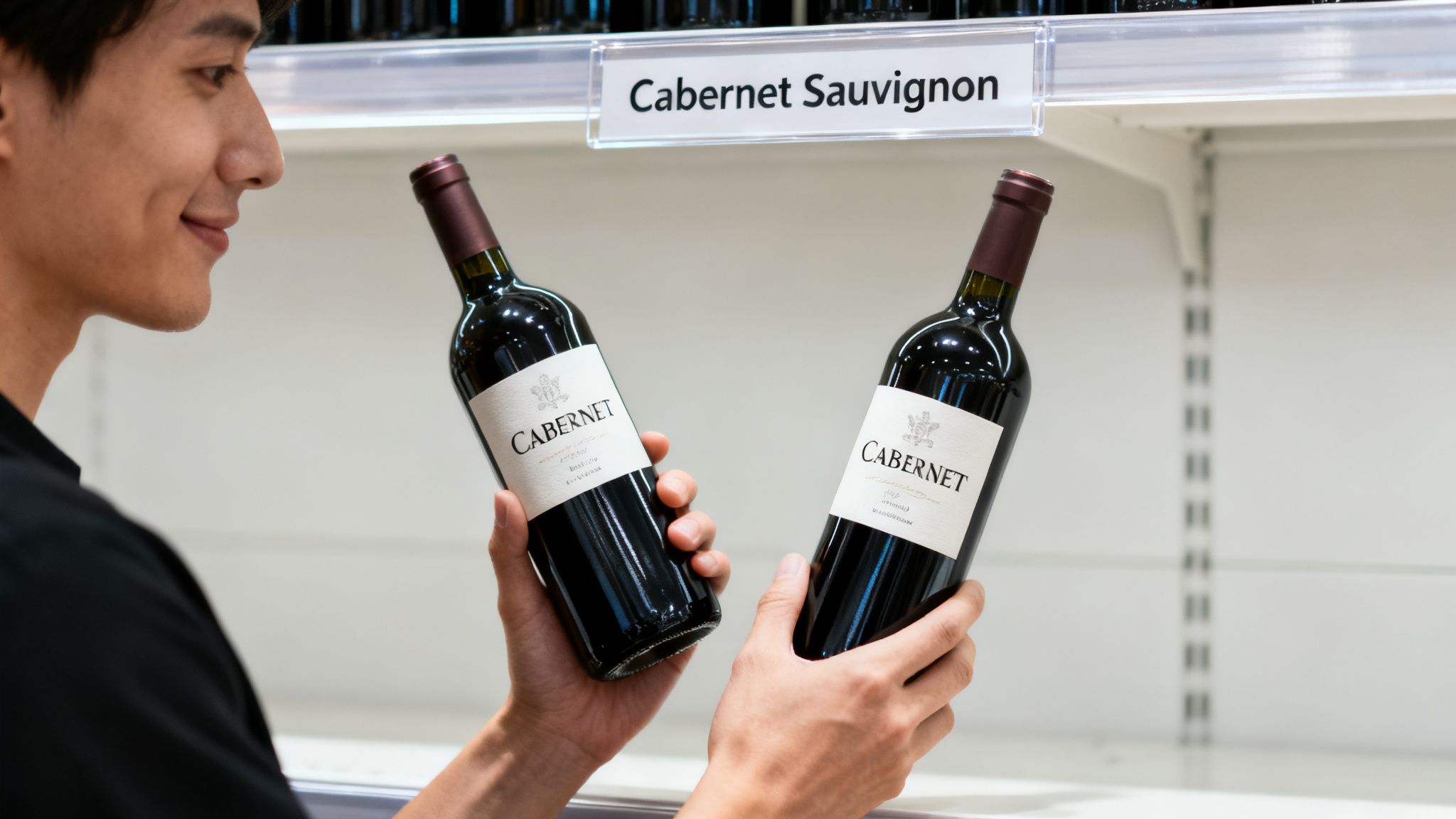 Close-up of a man happily examining two bottles of Cabernet wine under a 'Cabernet Sauvignon' sign.