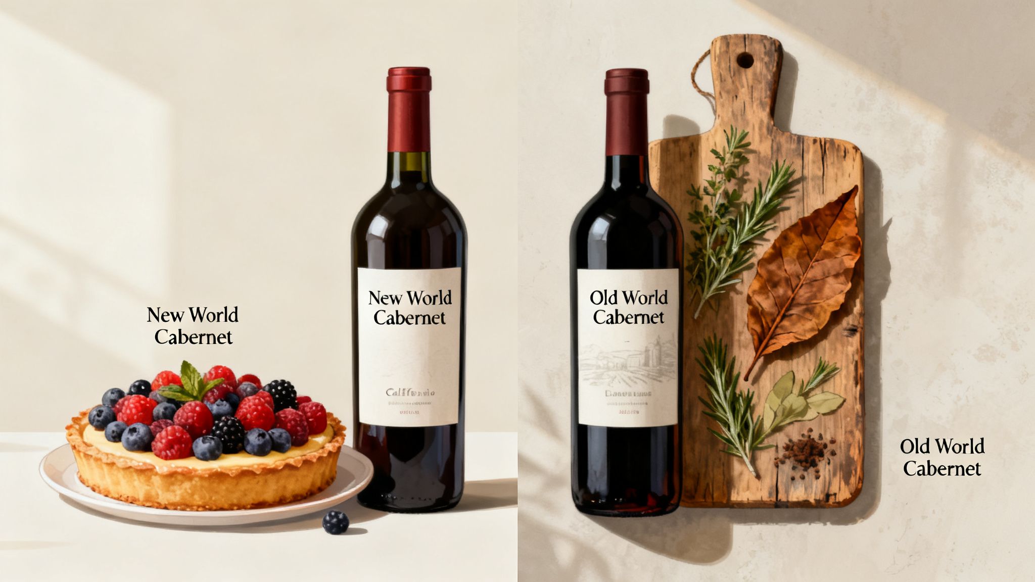 Two Cabernet wine bottles, one with a berry tart, the other with herbs, contrasting New and Old World styles.