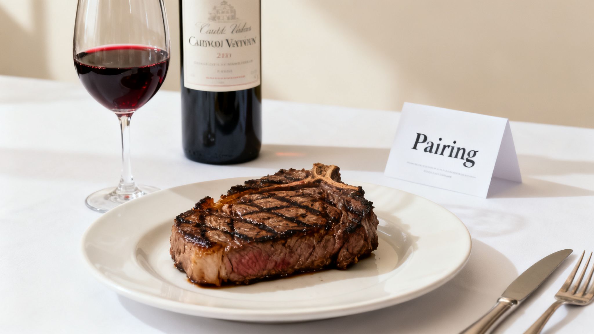A grilled T-bone steak, red wine in a glass, and a wine bottle on a white table.