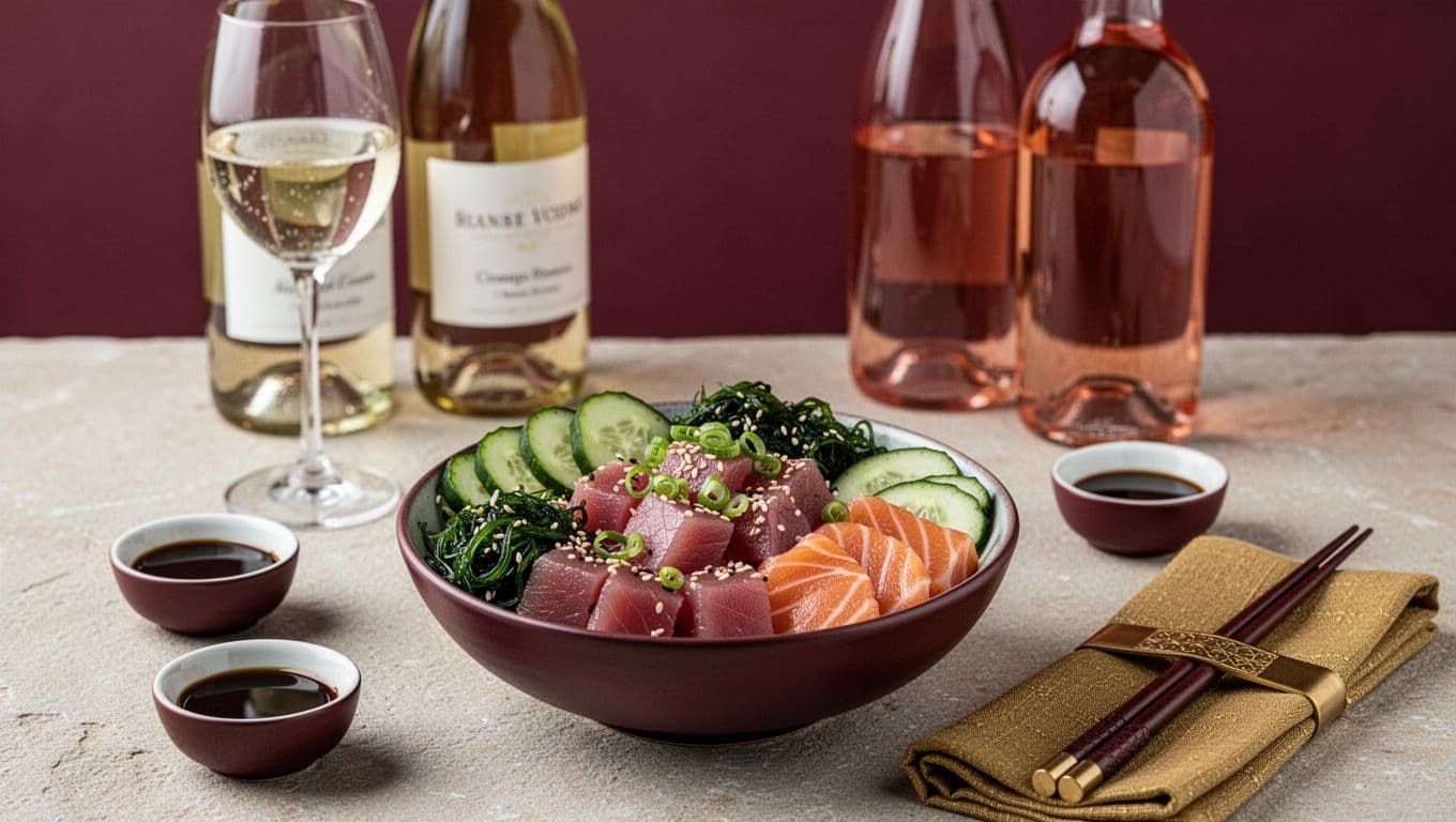 Photo-realistic poke bowl with ahi tuna cubes, fresh salmon slices, cucumber, seaweed salad, sesame seeds, and scallions on a light stone surface, paired with crisp white wine glass and bottles in the background.