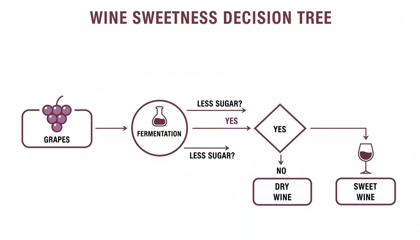 A decision tree flowchart illustrating the process of determining wine sweetness, from grapes to dry or sweet wine based on sugar content during fermentation.