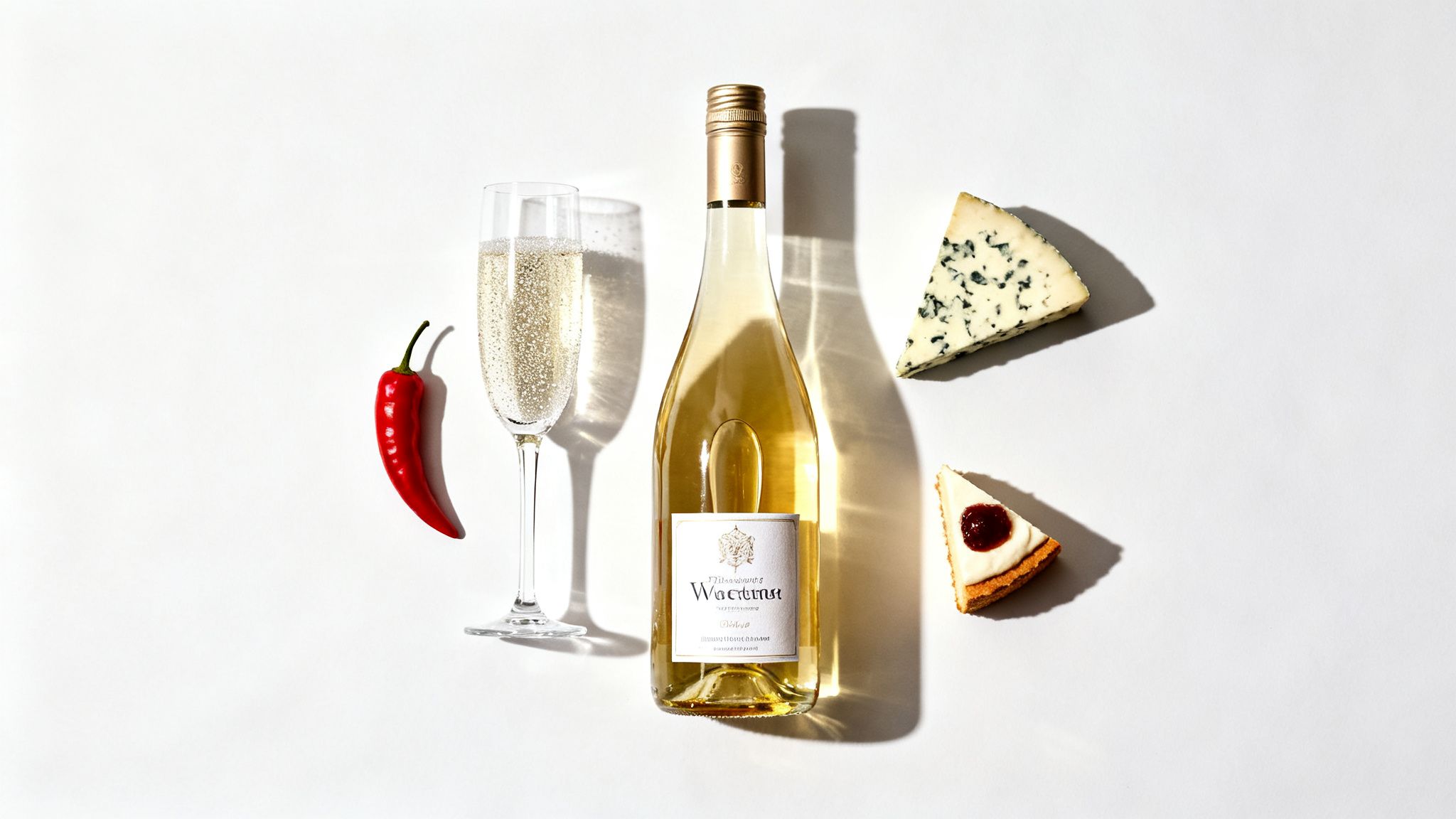 A bottle of white wine, a champagne flute, a red chili, blue cheese, and cheesecake.