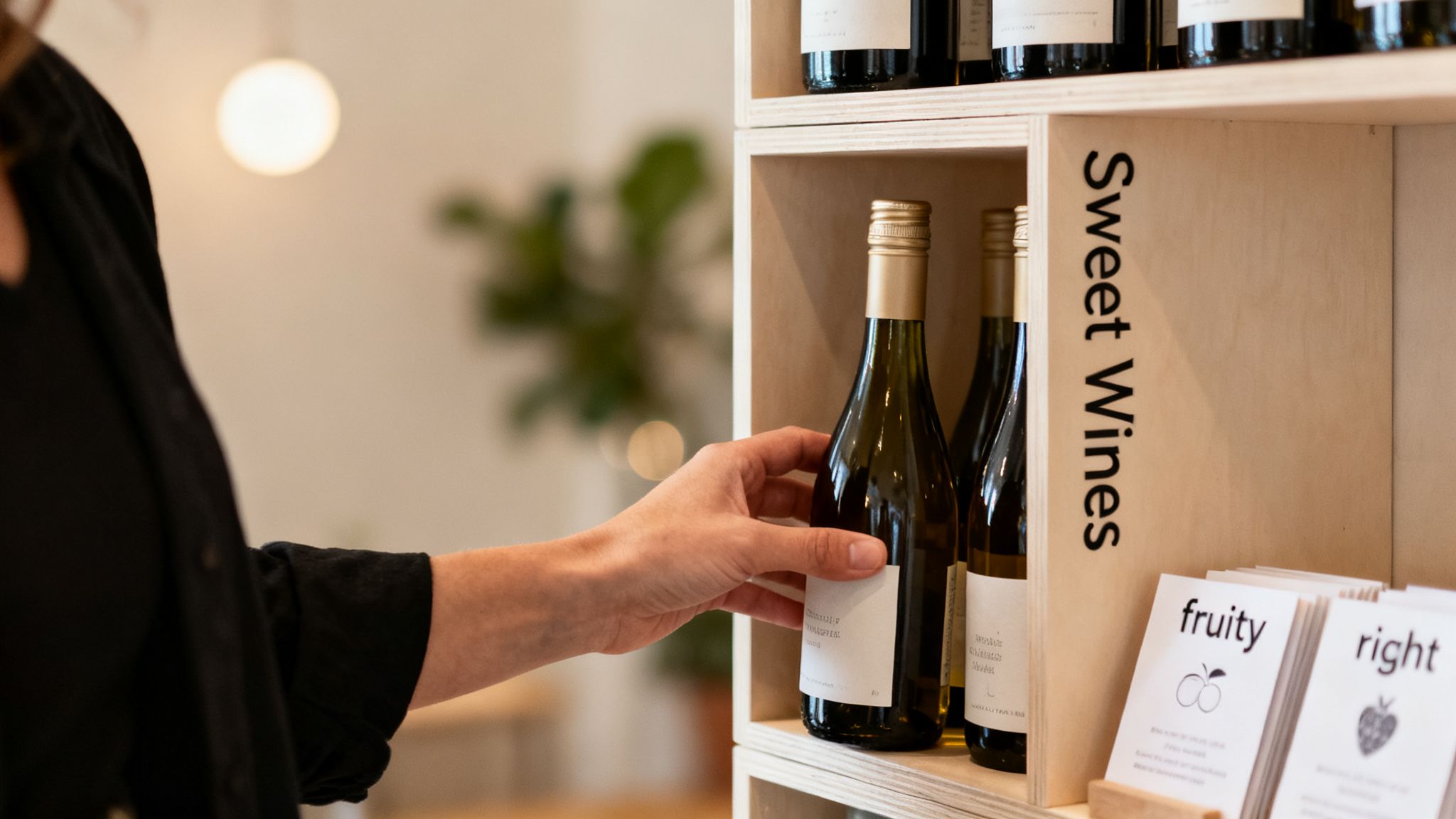 A person's hand reaches for a bottle of sweet wine on a wooden shelf in a store.