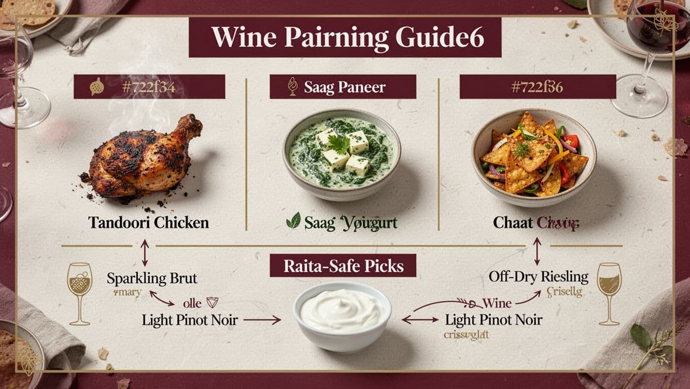 Photo-realistic modern editorial food photography infographic with icons for tandoori chicken, saag paneer, chaat, and raita, featuring subtle overlays recommending wines like sparkling brut, off-dry Riesling, and light Pinot Noir.