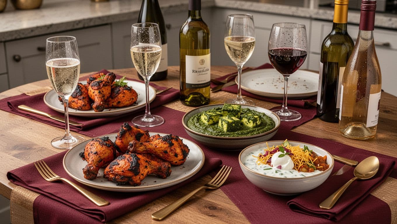 Photo-realistic overhead view of an Indian takeout spread with tandoori chicken, saag paneer, chaat, and raita alongside glasses of sparkling white wine, off-dry Riesling, and light red wine on a wooden table.