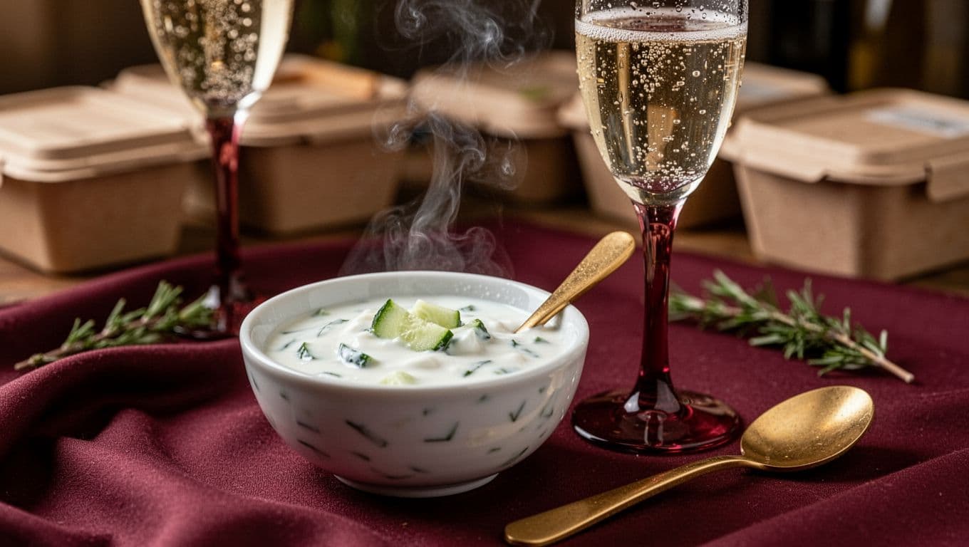Photo-realistic macro close-up of creamy raita bowl with cucumber beside chilled sparkling wine glass, bubbles, condensation, on burgundy tablecloth with gold spoon.