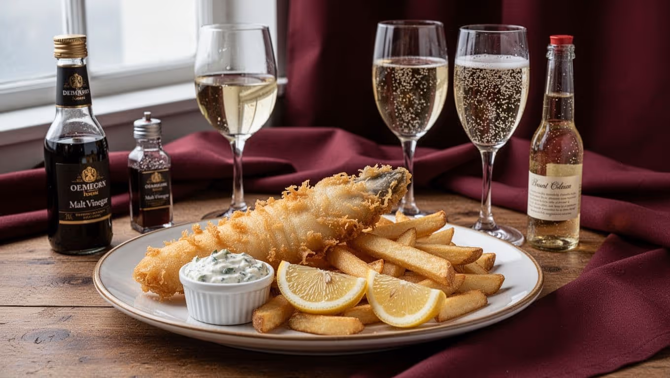 Photorealistic editorial food photography of a golden battered fish fillet, thick-cut fries, lemon wedge, tartar sauce, and malt vinegar on a wooden table with natural light and shallow depth of field. Paired with unbranded glasses of crisp white wine and sparkling brut, featuring deep burgundy background and warm gold accents.