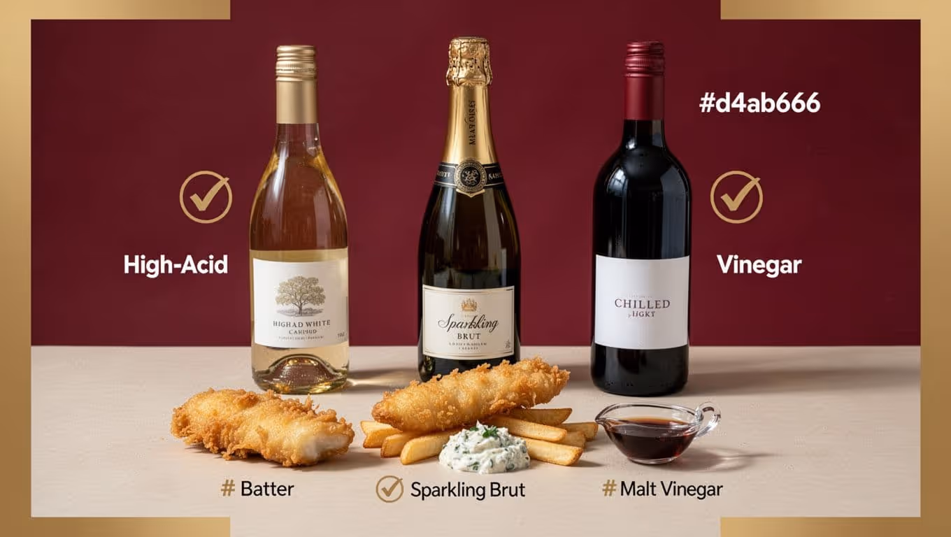 Photorealistic tabletop pairing board for wine and fish and chips with small bites of battered fish, fries, tartar sauce, malt vinegar, and three unbranded wines: high-acid white, sparkling brut, chilled light red. Natural light, shallow depth of field, burgundy gradient background with gold accents, crisp textures, clean layout.