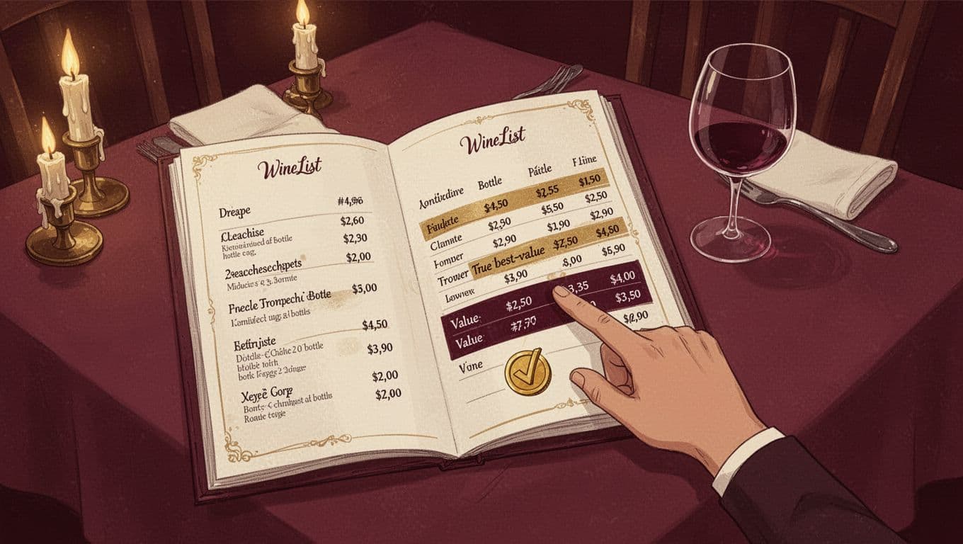 Top-down view of an upscale restaurant table featuring an open wine list menu. A hand points to the second-cheapest bottle highlighted in warm gold, while the true best-value option below is accented in deep burgundy with a subtle value icon and an empty wine glass nearby.