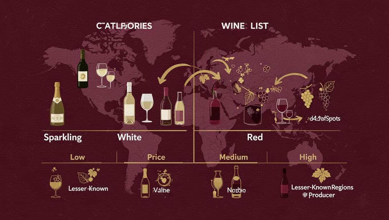 Clean vector illustration of a simplified wine list map categorizing sparkling, white, and red wines by low, medium, and high price bands, with gold icons highlighting value spots in lesser-known regions.