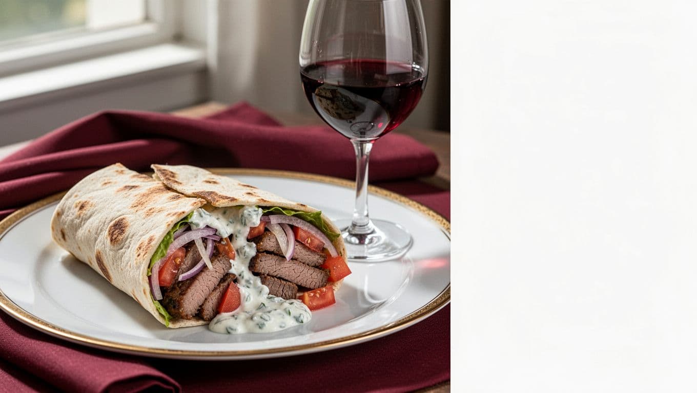 Close-up editorial illustration of a fresh gyro wrap sliced open on a white plate, revealing juicy lamb slices, onions, tomatoes, and tzatziki, paired with a stemmed glass of medium-bodied red wine.