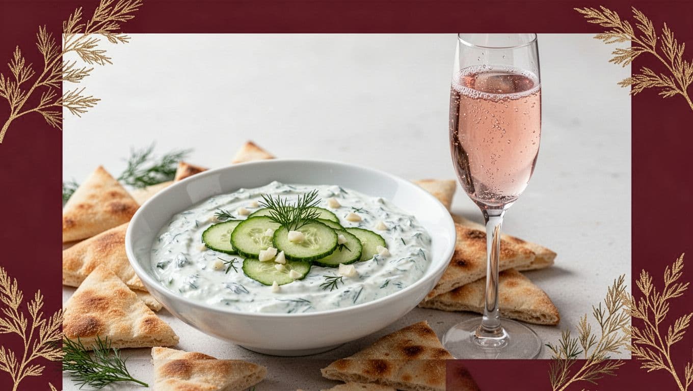 A modern editorial food illustration featuring a shallow white bowl of creamy tzatziki topped with cucumber slices, dill, and garlic flecks, surrounded by golden pita triangles, paired with a flute of pale rosé wine.