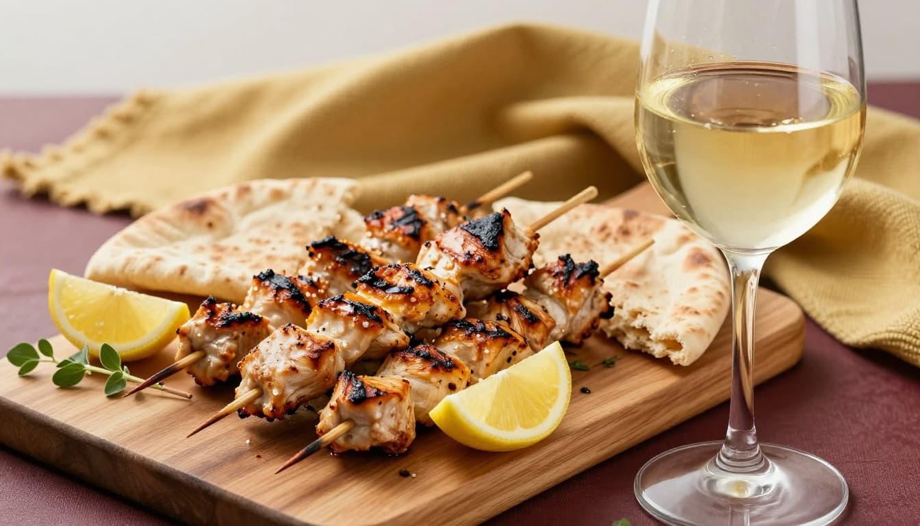 Modern editorial illustration of grilled souvlaki skewers on a wooden board with lemon wedges, oregano, and pita bread beside a chilled glass of crisp white wine. Shallow depth of field sharpens the main elements against a blurred gold and burgundy background with soft natural lighting.