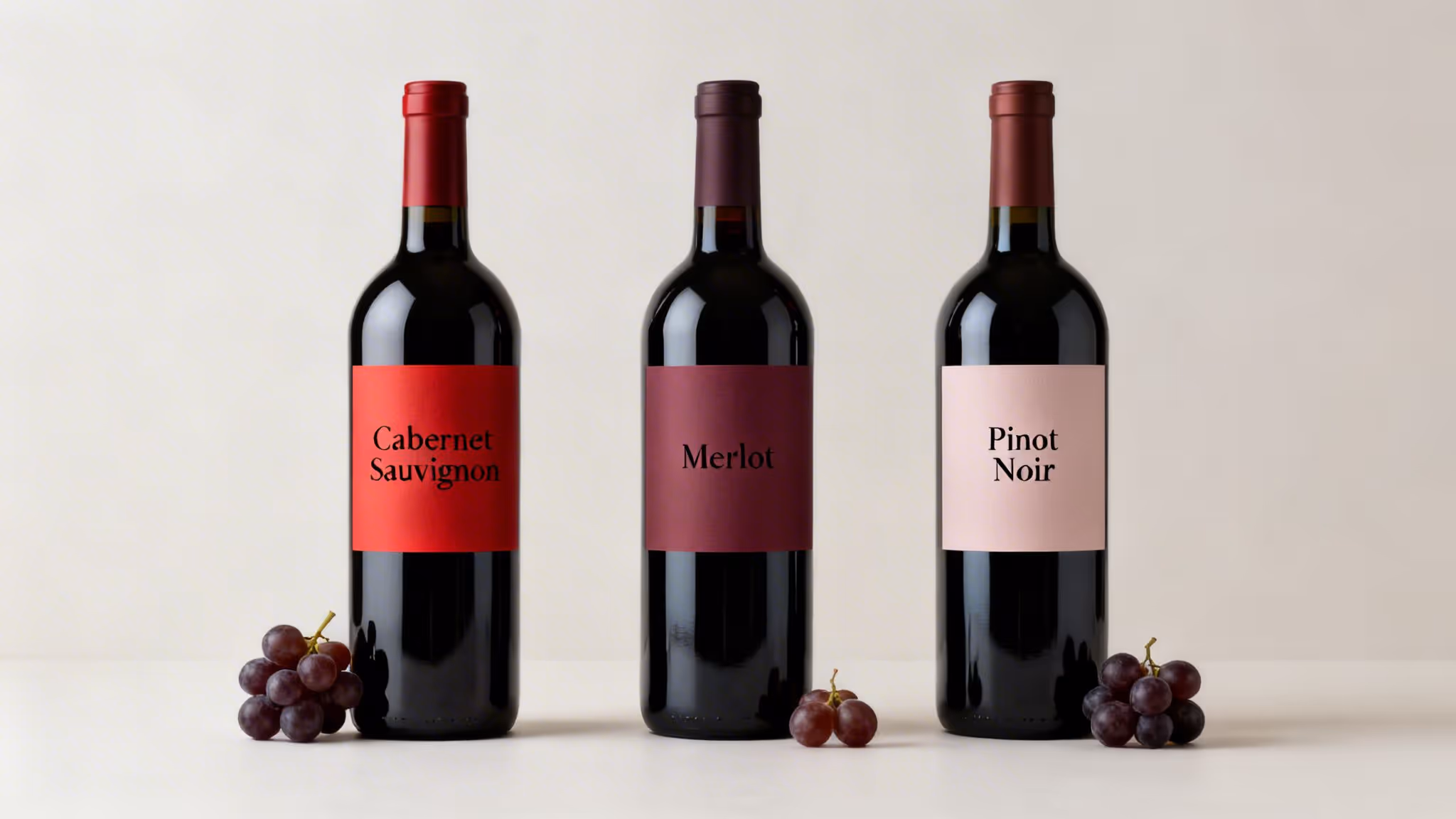 Three red wine bottles labeled Cabernet Sauvignon, Merlot, and Pinot Noir, with fresh grapes.