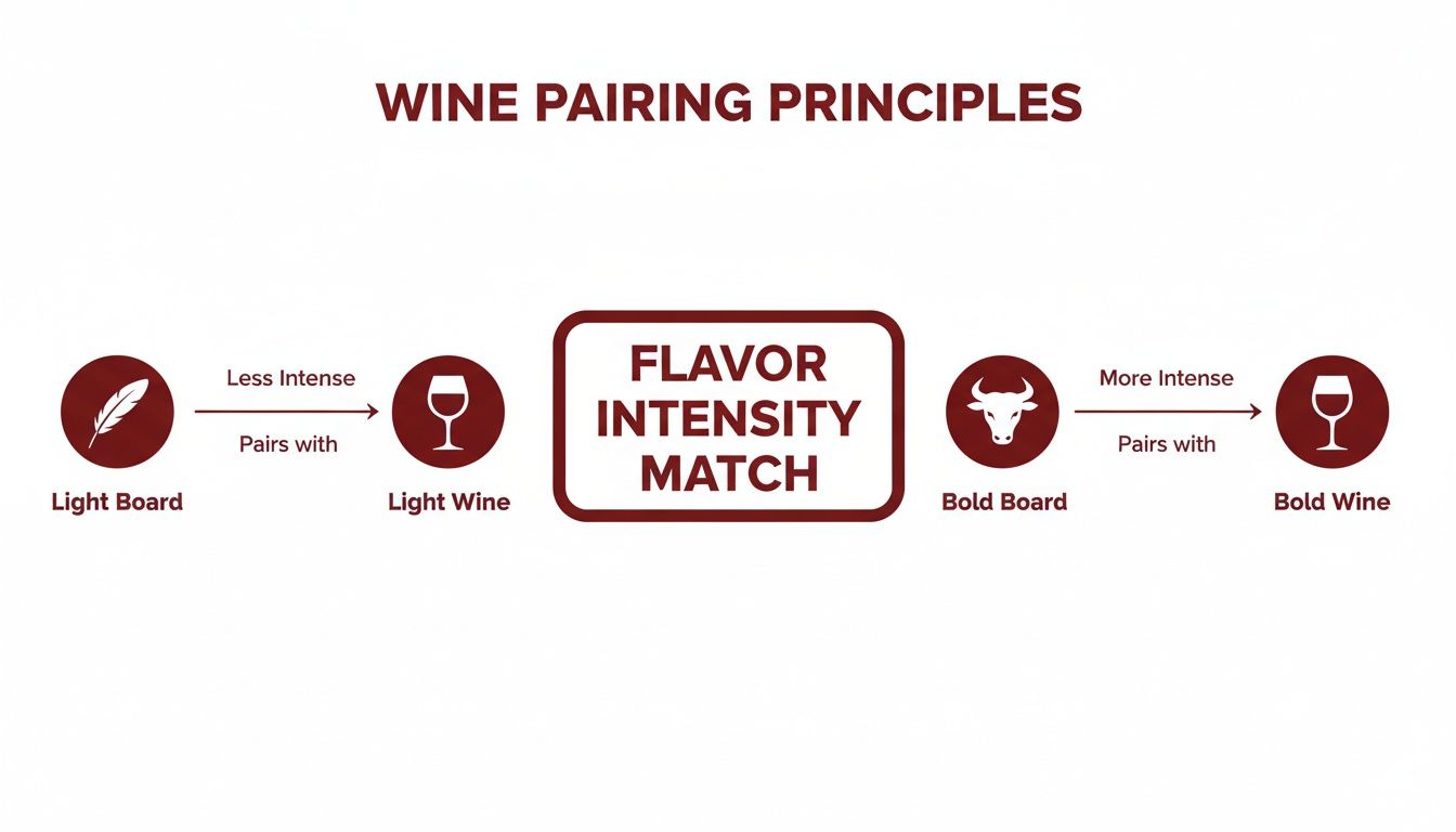 An infographic detailing wine pairing principles, matching light foods with light wines and bold foods with bold wines.