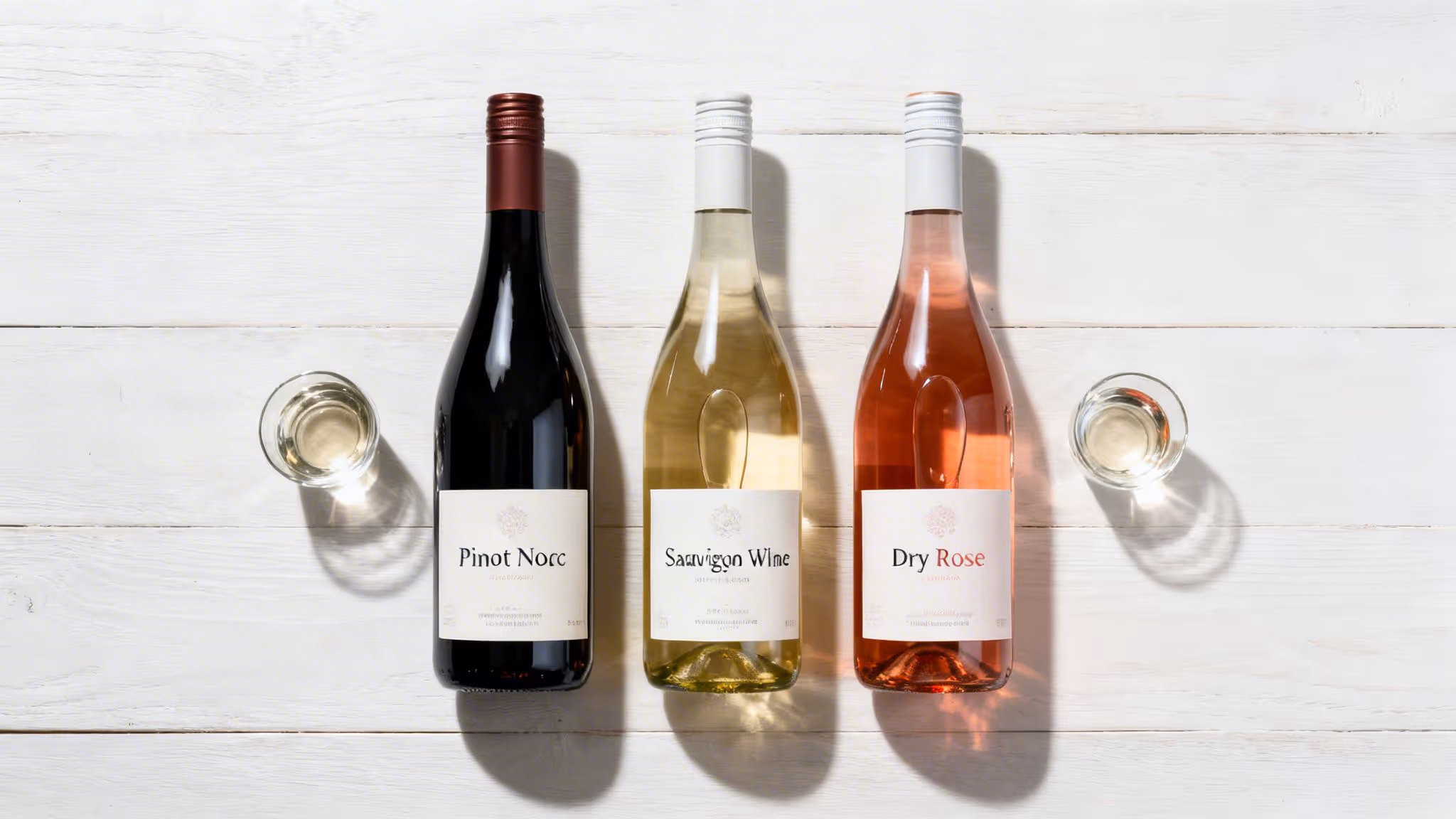 Three wine bottles (red, white, rosé) and two glasses of wine on a white wooden table.