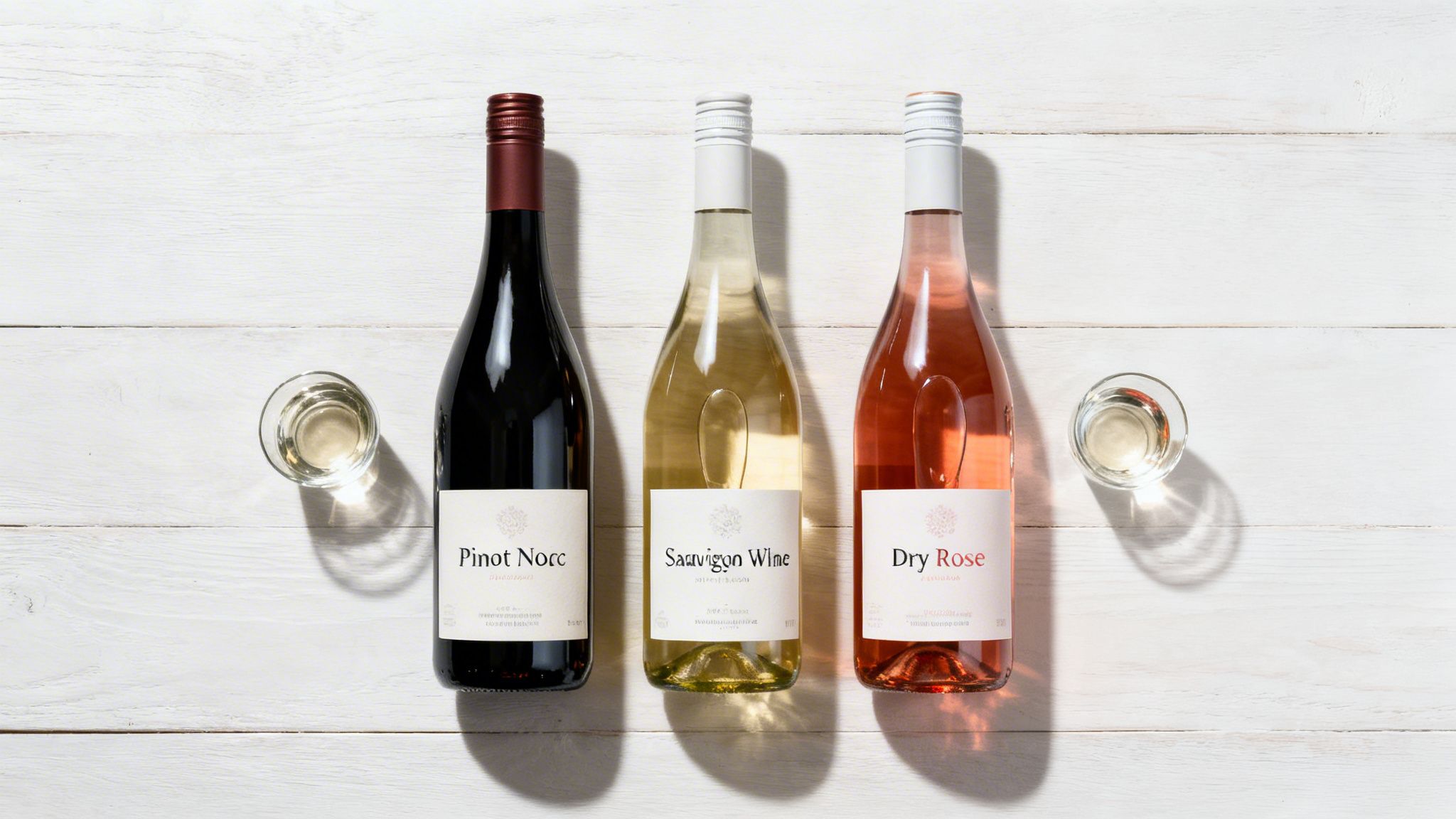 Three wine bottles (red, white, rosé) and two glasses of wine on a white wooden table.