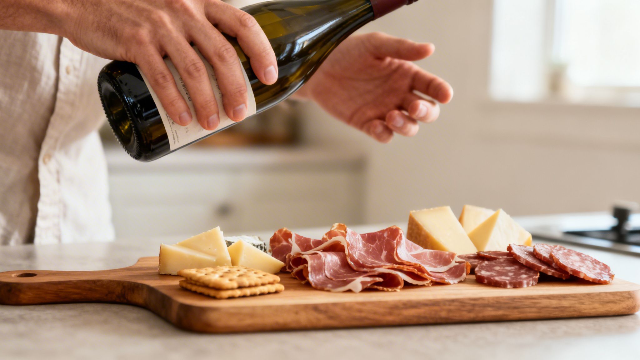 A person pours wine over a charcuterie board filled with various cheeses, cured meats, and crackers.
