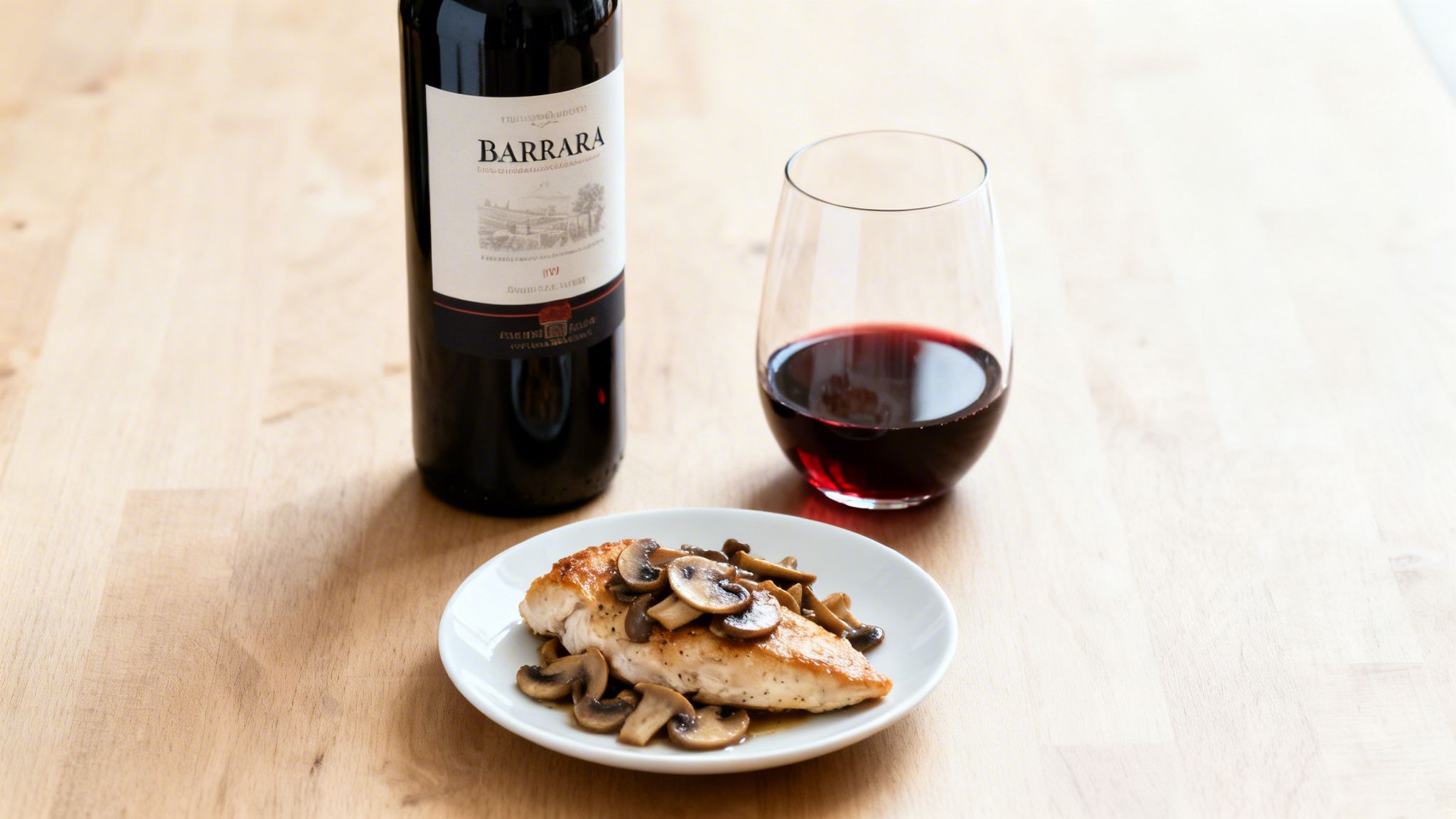 A plate of chicken with mushrooms, a bottle of Barbera red wine, and a glass of red wine on a wooden table.