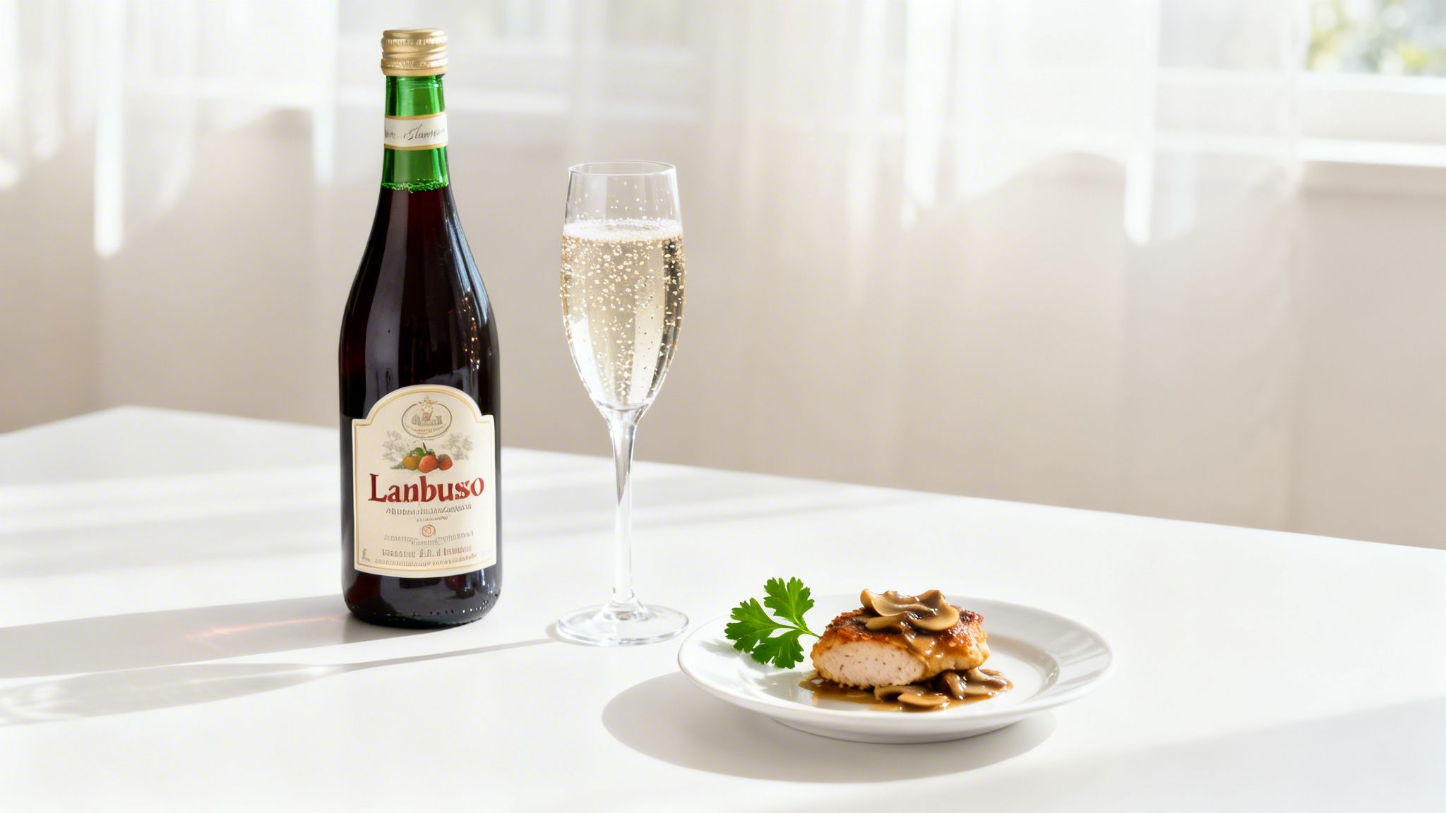 A bottle of Lambrusco sparkling wine, a bubbly flute glass, and chicken with mushroom sauce.