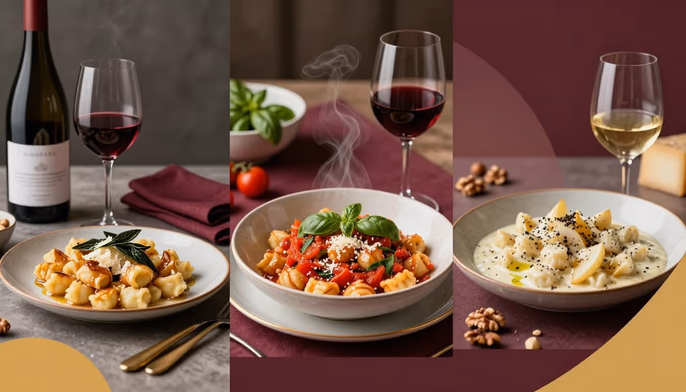 Close-up of glossy brown butter and sage gnocchi with shaved Parmigiano, paired with a garnet-hued Pinot Noir glass and partial bottle on a table styled with burgundy napkin and gold cutlery accents, toasted hazelnuts in the background.