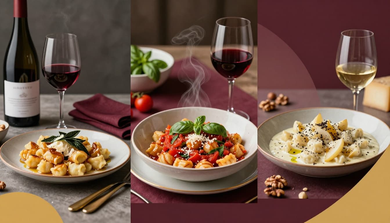 Close-up of glossy brown butter and sage gnocchi with shaved Parmigiano, paired with a garnet-hued Pinot Noir glass and partial bottle on a table styled with burgundy napkin and gold cutlery accents, toasted hazelnuts in the background.
