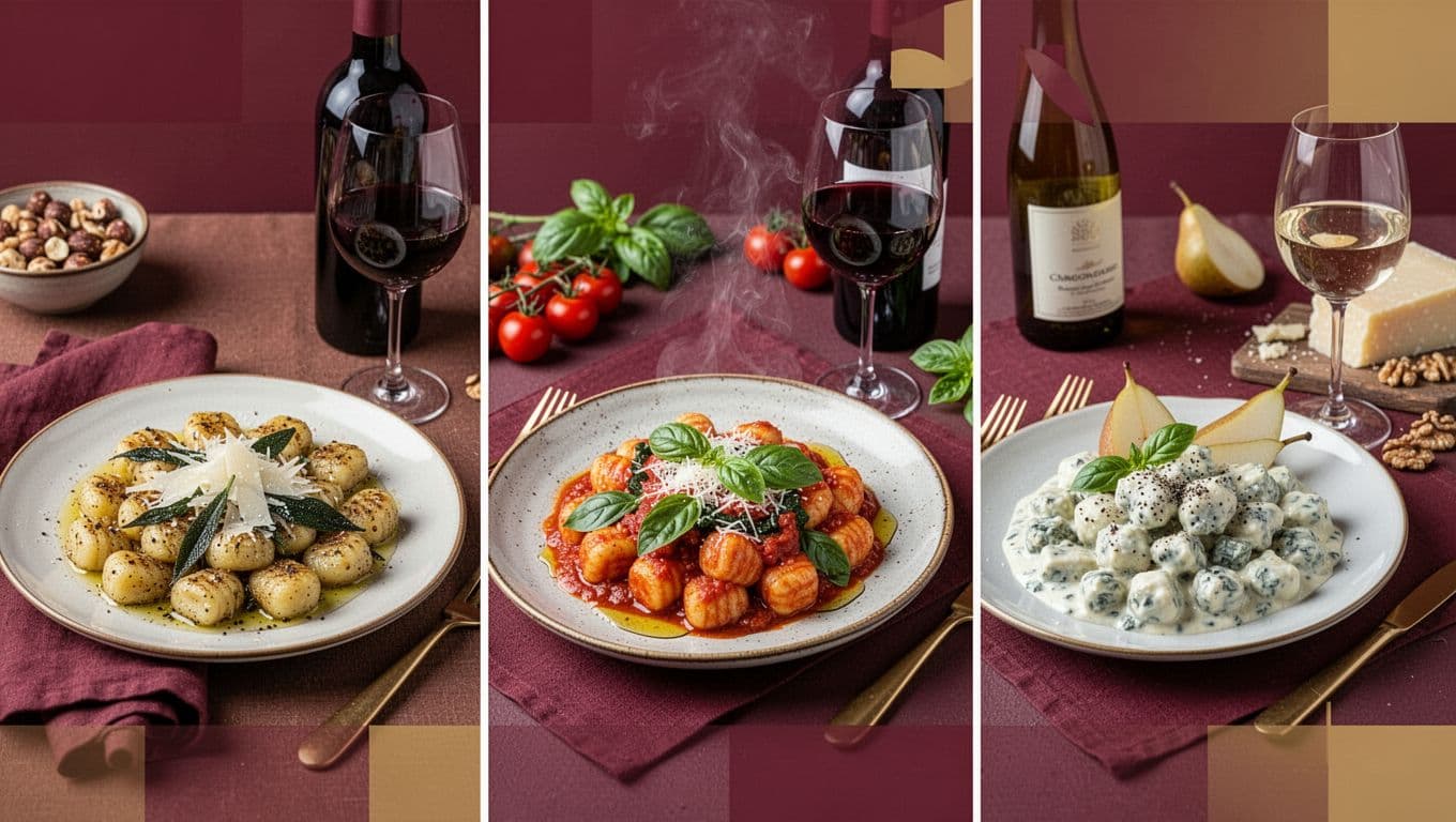 Close-up of indulgent gnocchi in creamy gorgonzola sauce with cracked black pepper, paired with a glass of aromatic white wine, cheese wedge, and walnuts out of focus in a cozy, dimly lit dinner scene featuring burgundy gradients and gold accents.