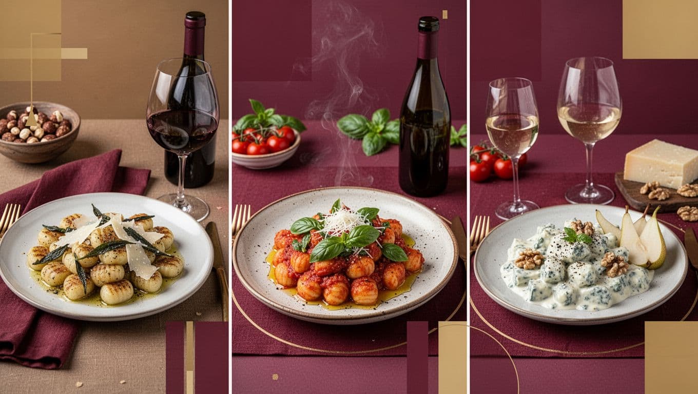 Bright rustic bowl of gnocchi in tomato-basil sauce garnished with fresh basil, pecorino, and olive oil, paired with a ruby red Chianti wine glass and bottle silhouette on a burgundy placemat.