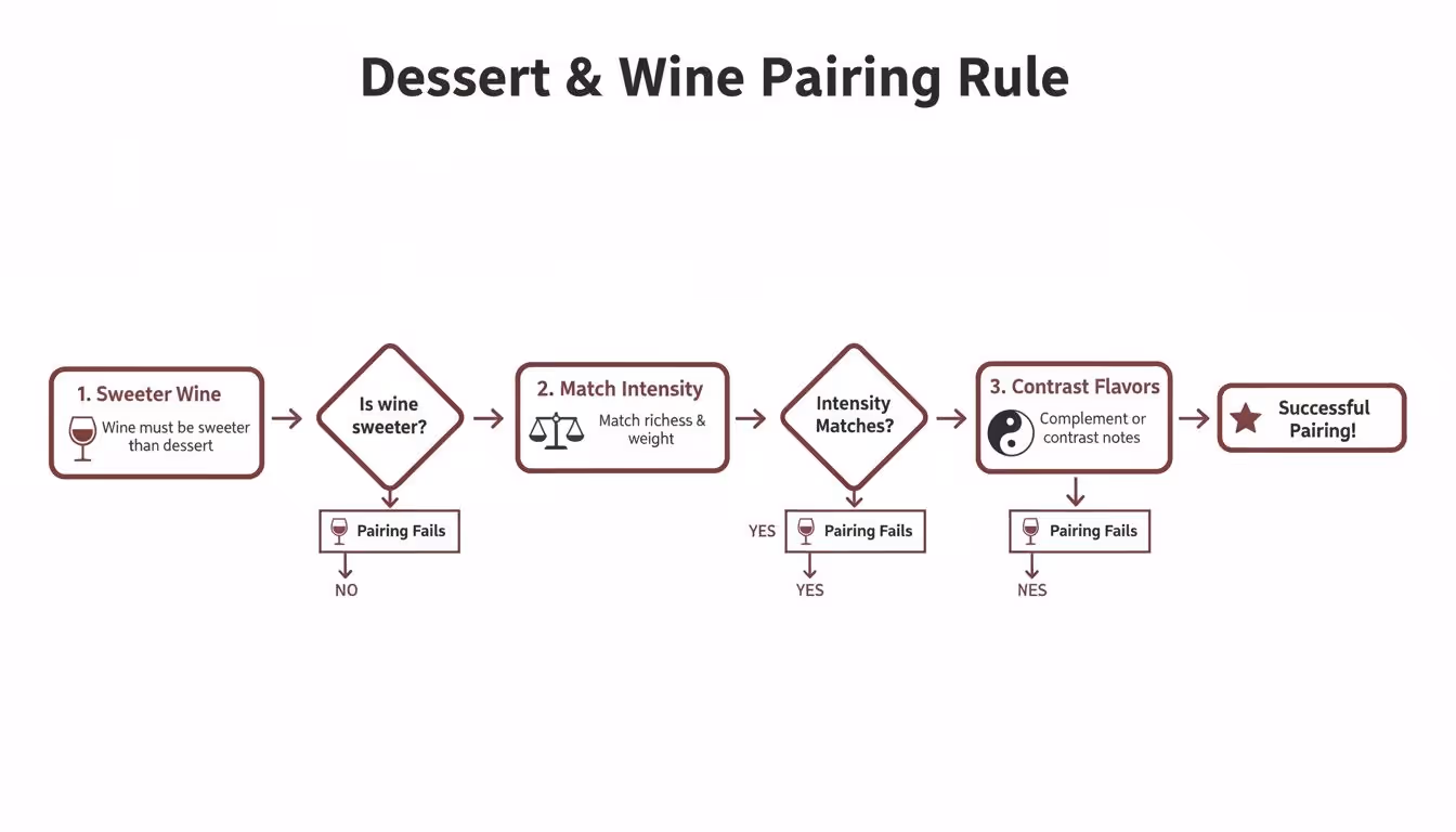 A flowchart detailing a three-step rule for successful dessert and wine pairing based on sweetness, intensity, and contrasting flavors.