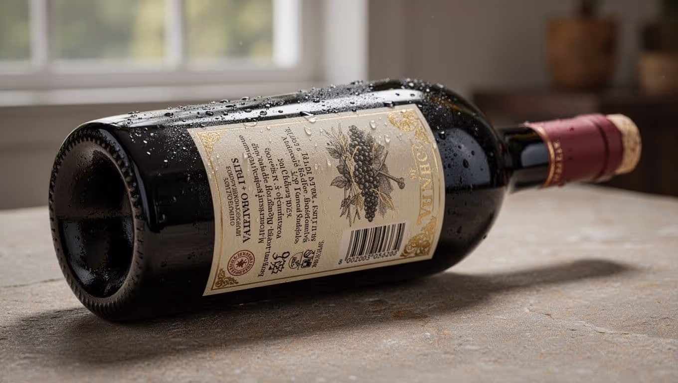 Photo-realistic close-up of a wine bottle lying on its side, revealing the back label with tasting notes and importer information on a neutral stone surface. Soft natural light highlights dew on the glass, gold foil elements, and rich wine hues for an educational vibe.
