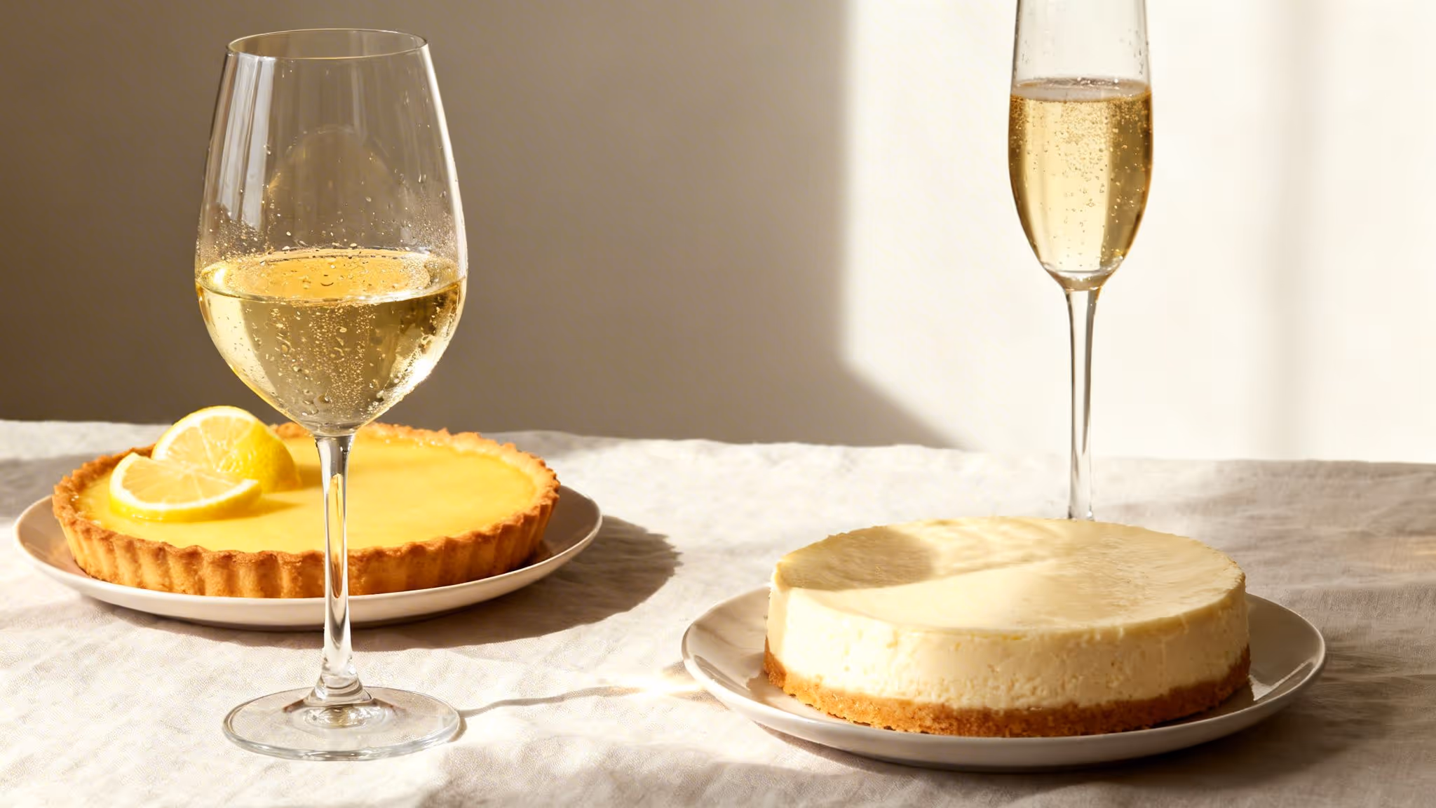 A lemon tart, cheesecake, and two glasses of sparkling wine on a table with natural light.