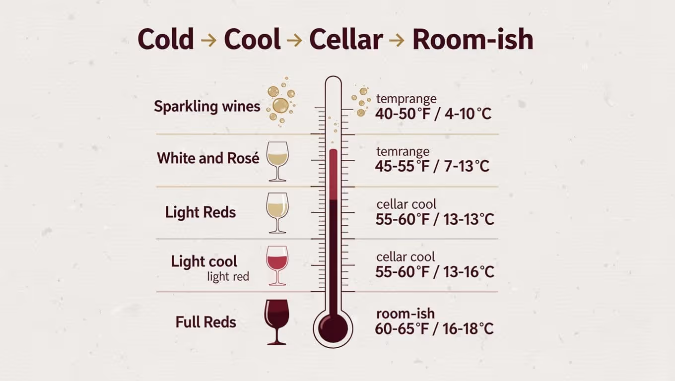 Modern flat vector infographic featuring a temperature ladder for ideal serving temps of sparkling, white/rosé, light reds, and full reds wines in °F and °C with icons and mnemonic headline.
