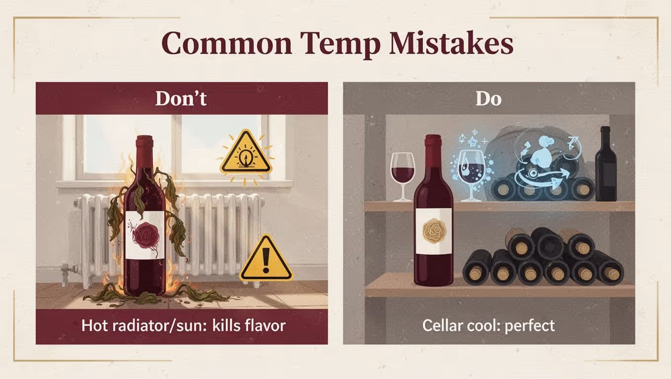Modern flat vector split-panel infographic for blog post showing 'Don't' store red wine near hot radiator or sunlit window versus 'Do' store at cool cellar temperature on shelf.
