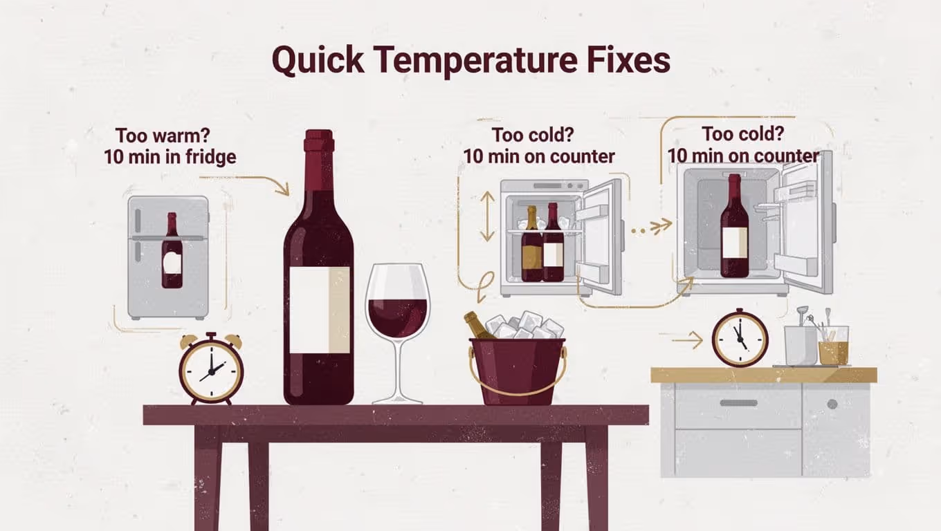 Modern flat vector infographic illustrating simple fixes for wine temperature: place too-warm bottle in fridge for 10 minutes or too-cold bottle on counter. Clean design with wine bottle, glass, clock, fridge, and counter icons in burgundy and gold palette.